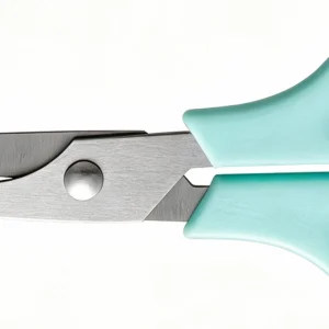 Close up view of ergonomic mint green plastic handle on stainless steel quail egg scissors isolated on white background KL-SC-KT-004