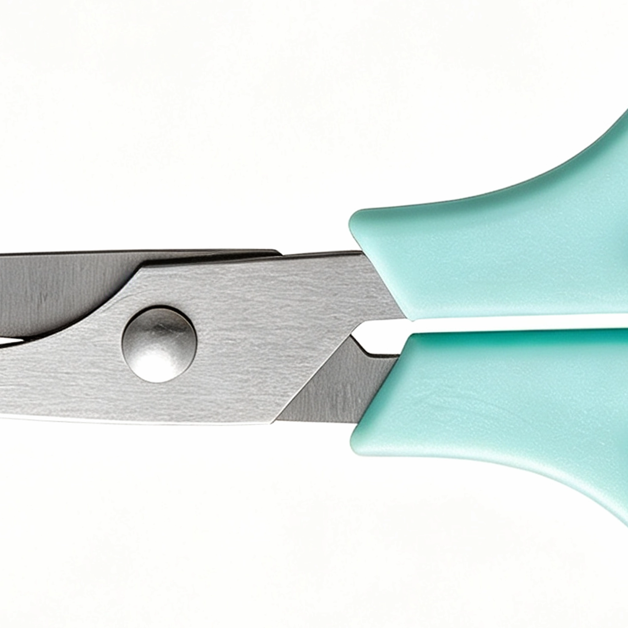 Close up view of ergonomic mint green plastic handle on stainless steel quail egg scissors isolated on white background KL-SC-KT-004