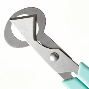 Stainless steel quail egg scissors with teal handles in 45 degree angle isolated on white background KL-SC-KT-004