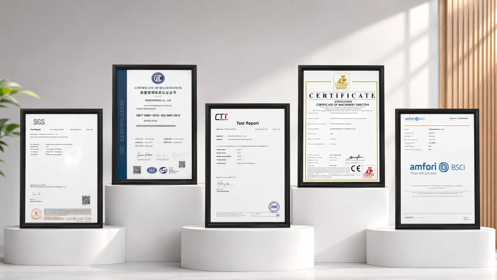 Framed international factory audit certificates and quality test reports displayed for export compliance.