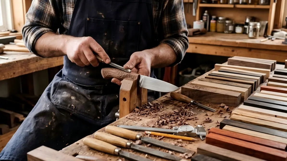 Craftsman inspecting custom knife handle dimensions with a caliper tool for quality compliance.