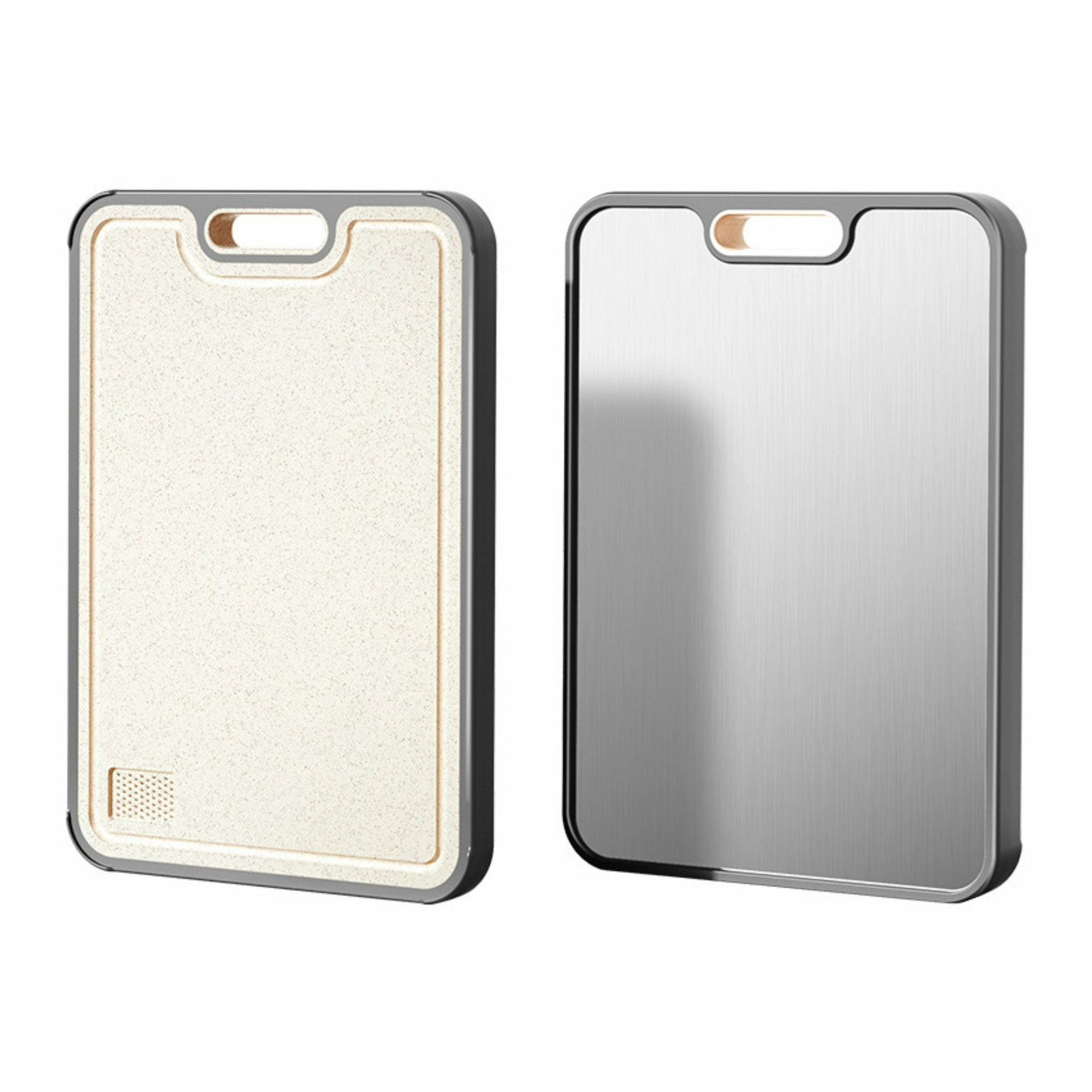 Reversible cutting board showcasing both stainless steel and wheat straw surfaces isolated on white background KL-KA-CB-002
