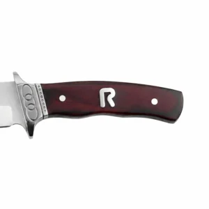 Rosewood Handle Detail - Hunting Knife | KaiLionCrafts Close-up of rosewood hunting knife handle with metal inlay isolated on white background, SKU: KL-OD-HC-007.