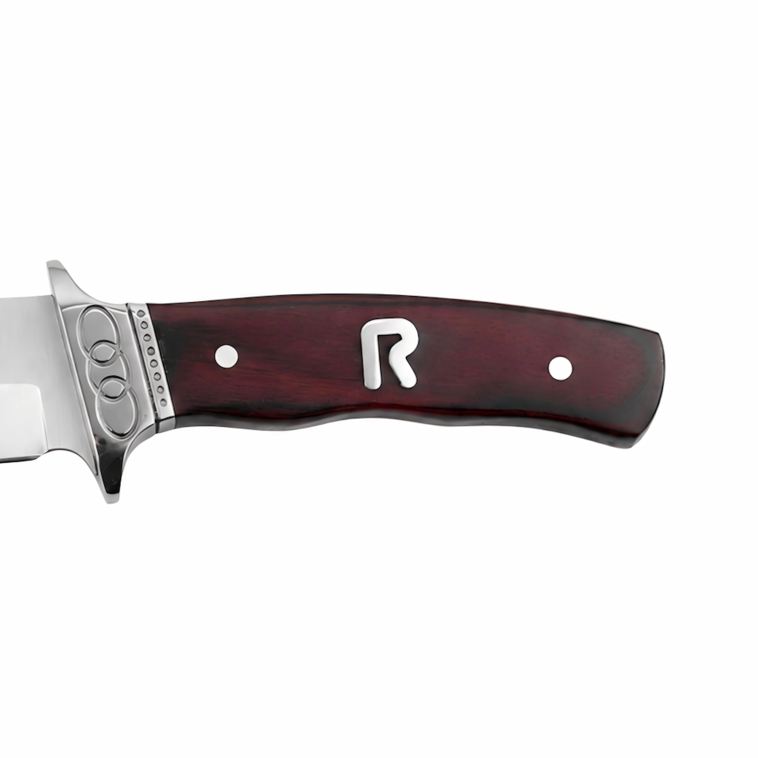Rosewood Handle Detail - Hunting Knife | KaiLionCrafts Close-up of rosewood hunting knife handle with metal inlay isolated on white background, SKU: KL-OD-HC-007.
