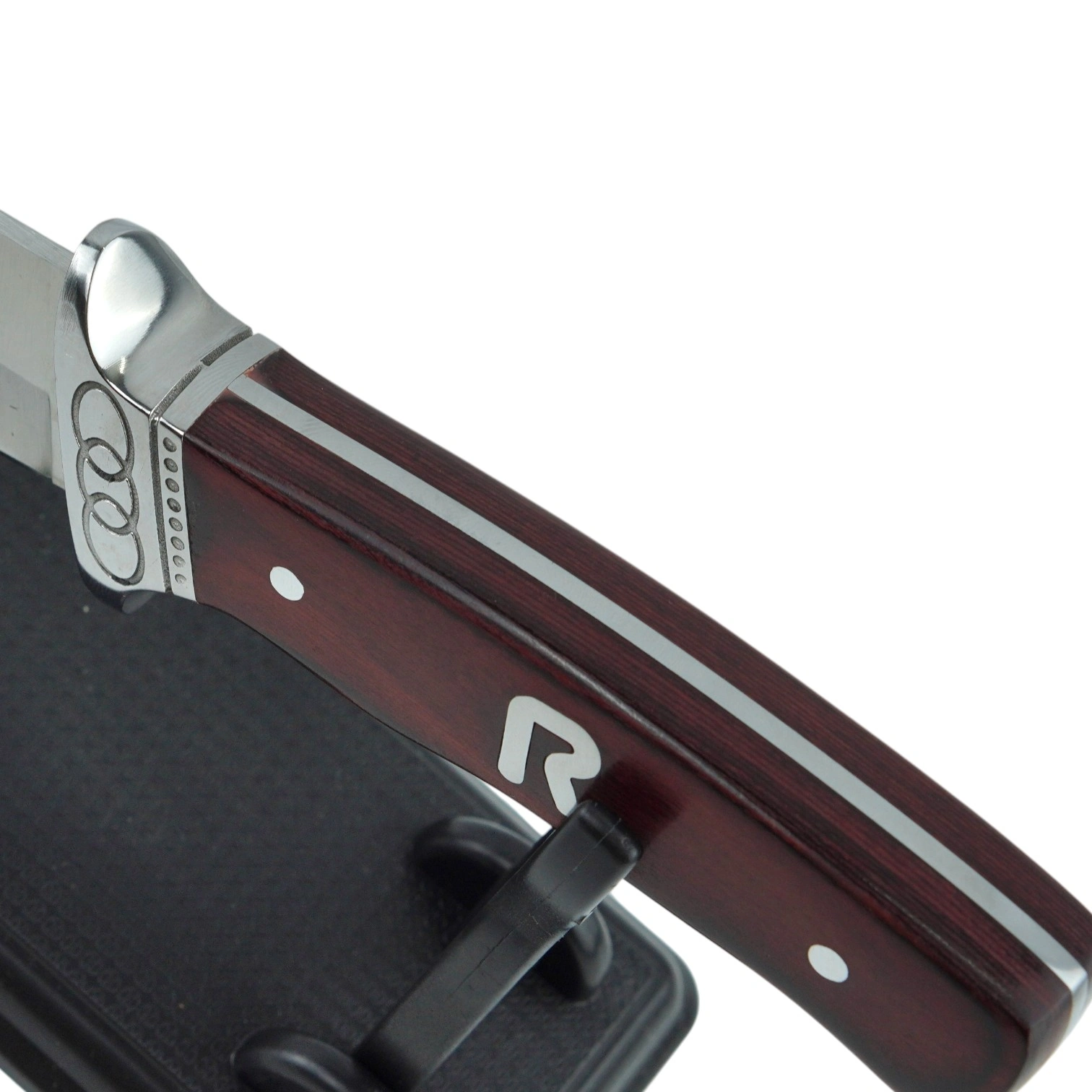Rosewood Hunting Knife - 45 Degree View | KaiLionCrafts Rosewood hunting knife shown at a 45-degree-view on a display stand isolated on white background, SKU: KL-OD-HC-007.