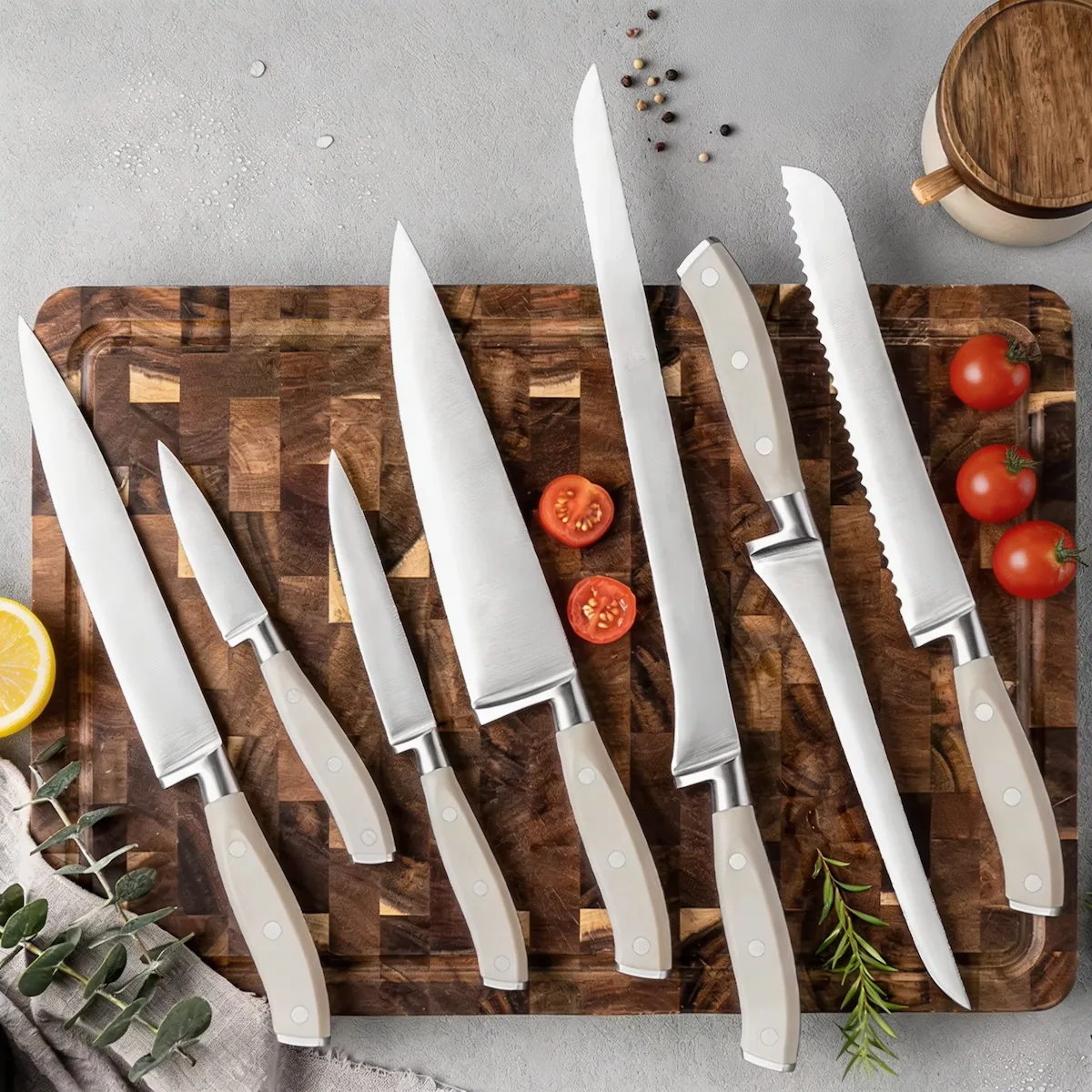 7-piece satin finish high carbon stainless steel kitchen knife set on wooden cutting board. SKU: KL-KK-ST-025