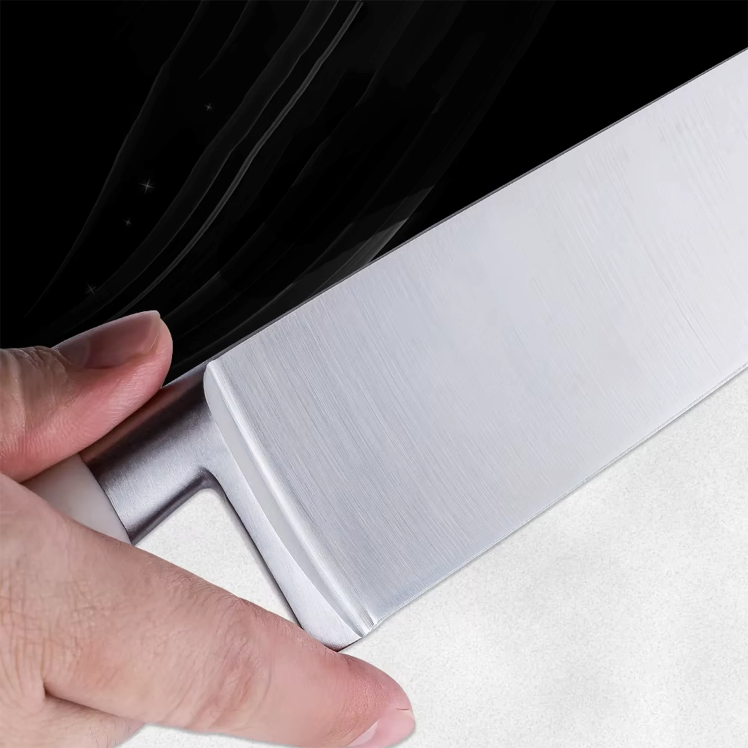 Close-up of satin finish stainless steel chef cleaver blade held in hand for scale. SKU: KL-KK-ST-025