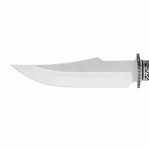 Satin stainless steel clip point blade close up view isolated on white background KL-OD-HC-002