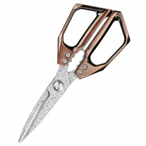 45-degree view of Damascus steel kitchen shears with rose gold handles isolated on white background KL-SC-KT-001
