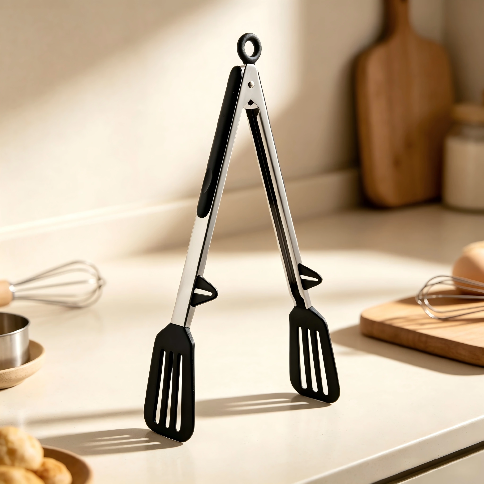Stainless steel kitchen tongs with slotted silicone tips in kitchen environment KL-KA-TG-002