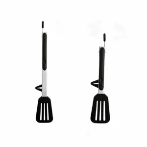 Two stainless steel kitchen tongs in closed position isolated on white background KL-KA-TG-002