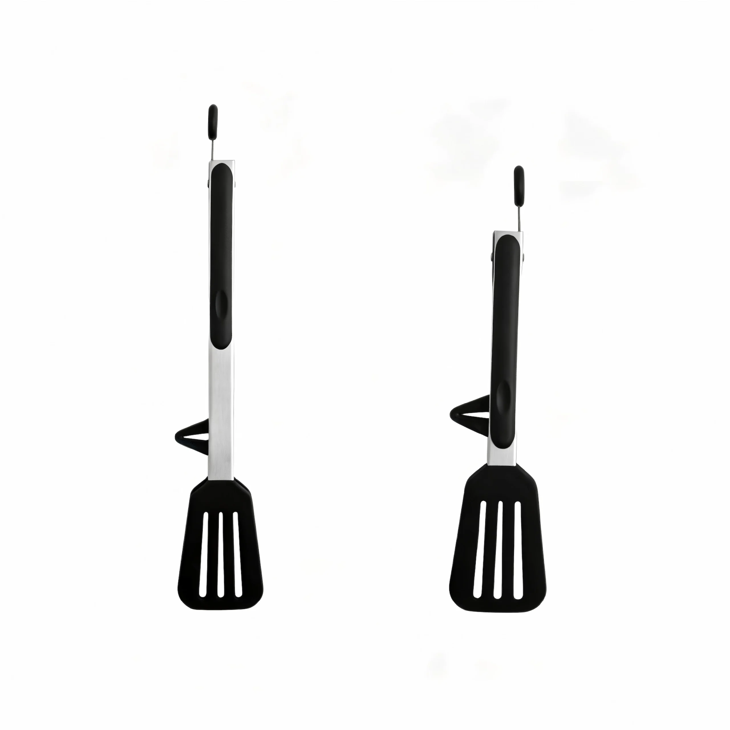 Two stainless steel kitchen tongs in closed position isolated on white background KL-KA-TG-002
