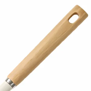 Close up view of the natural bamboo handle with hanging hole and stainless collar isolated on white background KL-KA-GAD-020