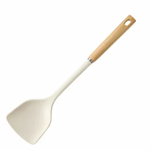 Cream white silicone wok spatula with natural bamboo handle isolated on white background KL-KA-GAD-020