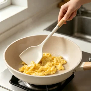 Cream white silicone wok spatula cooking scrambled eggs in pan in kitchen environment KL-KA-GAD-020