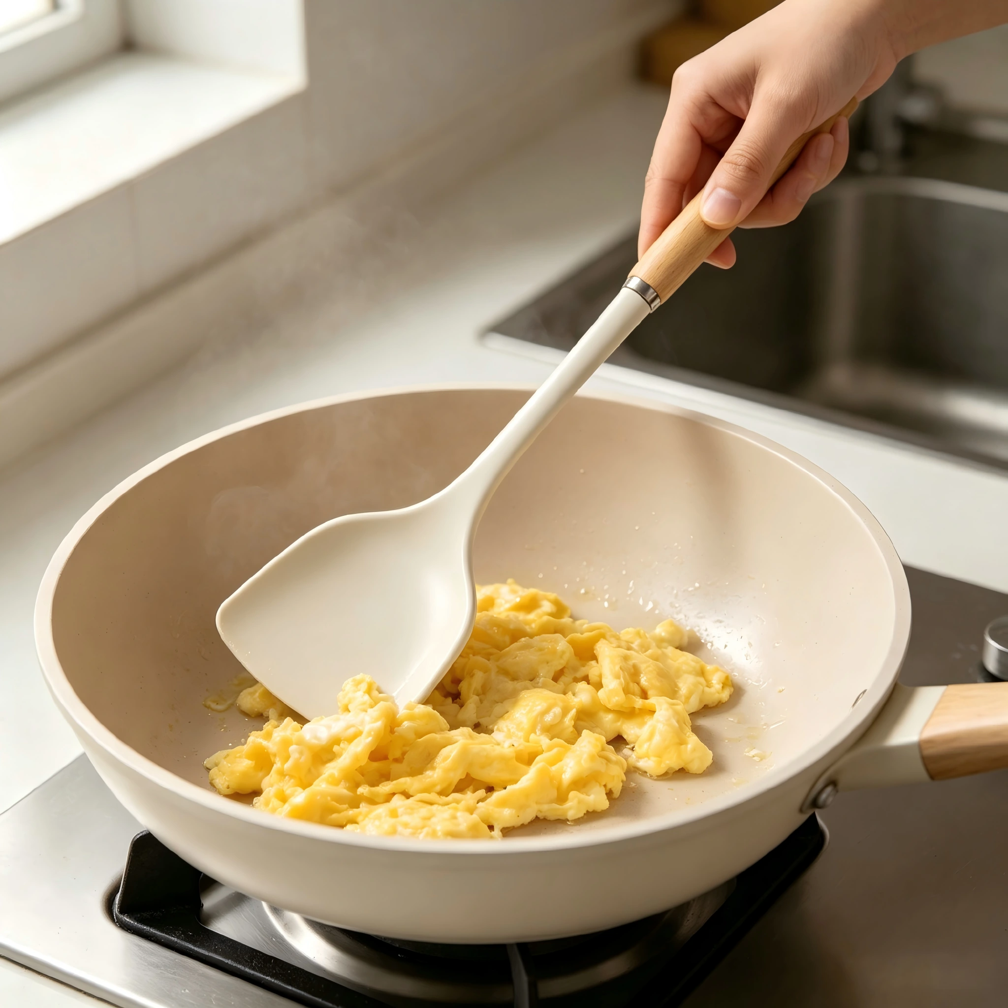 Cream white silicone wok spatula cooking scrambled eggs in pan in kitchen environment KL-KA-GAD-020