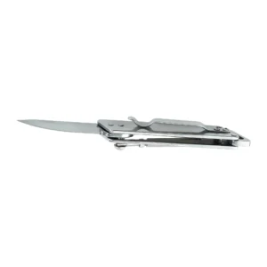 Back view showing pocket clip of stainless steel slide rail folding knife, isolated on white background. KL-OD-SS-016