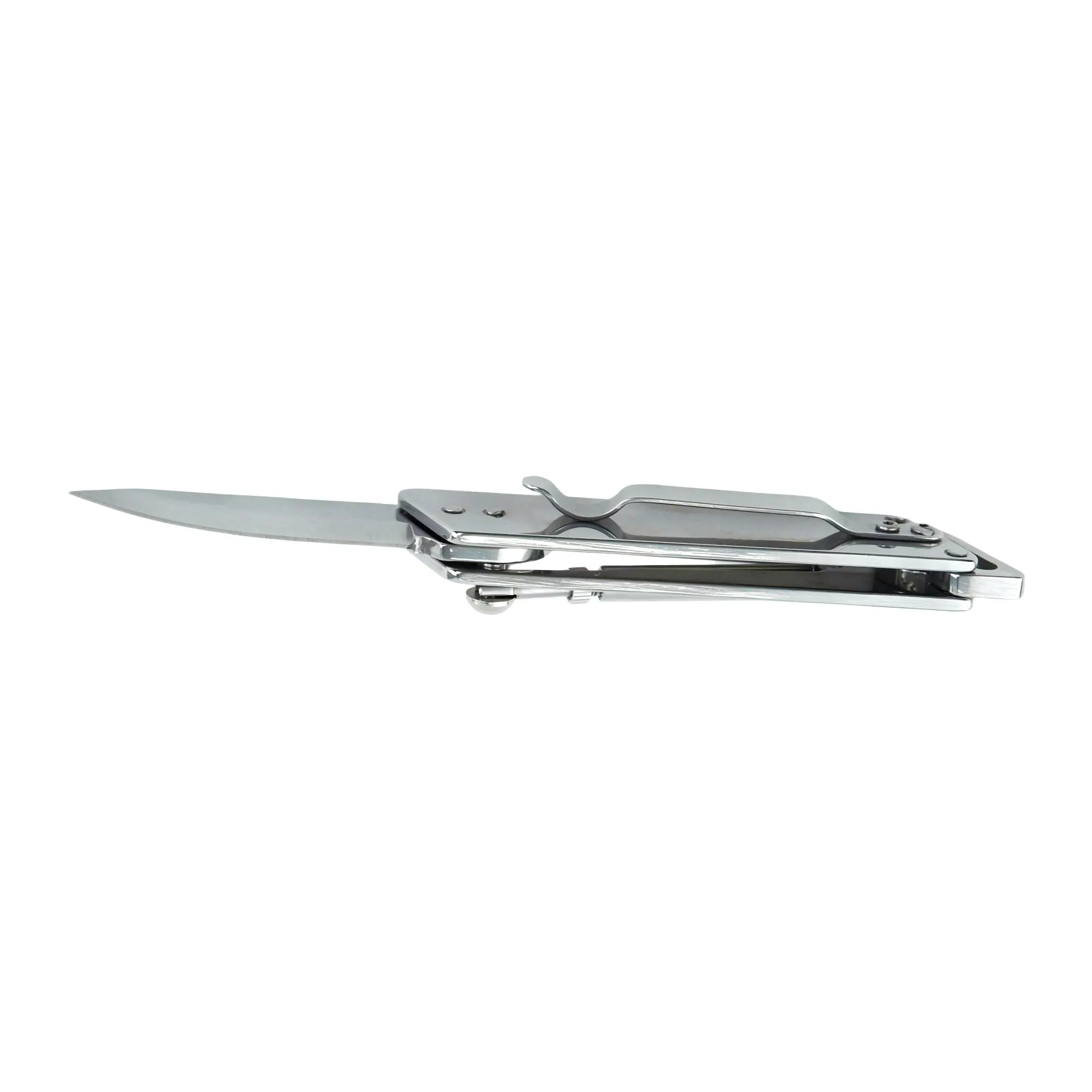 Back view showing pocket clip of stainless steel slide rail folding knife, isolated on white background. KL-OD-SS-016