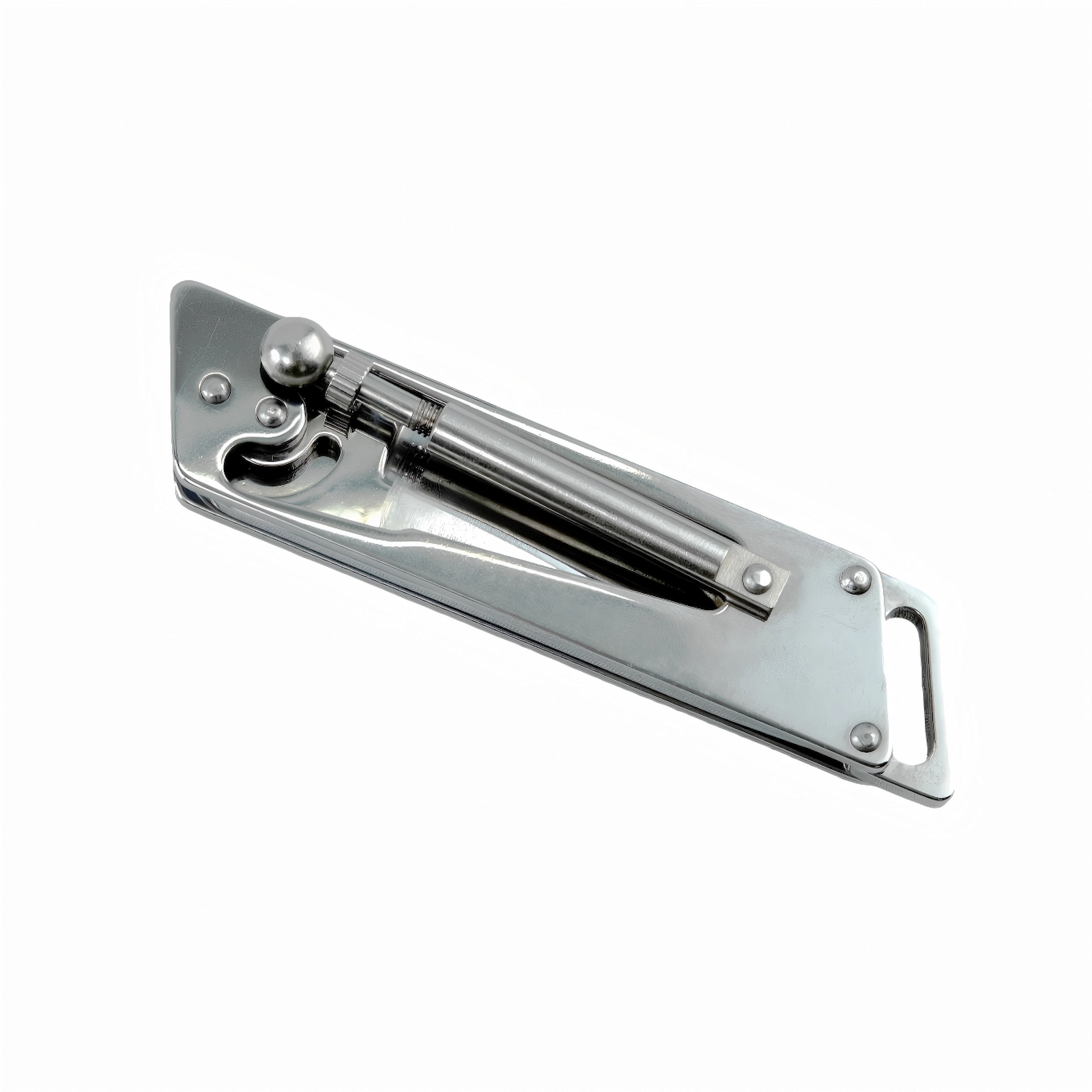 Closed perspective view of stainless steel slide rail folding knife, isolated on white background. KL-OD-SS-016