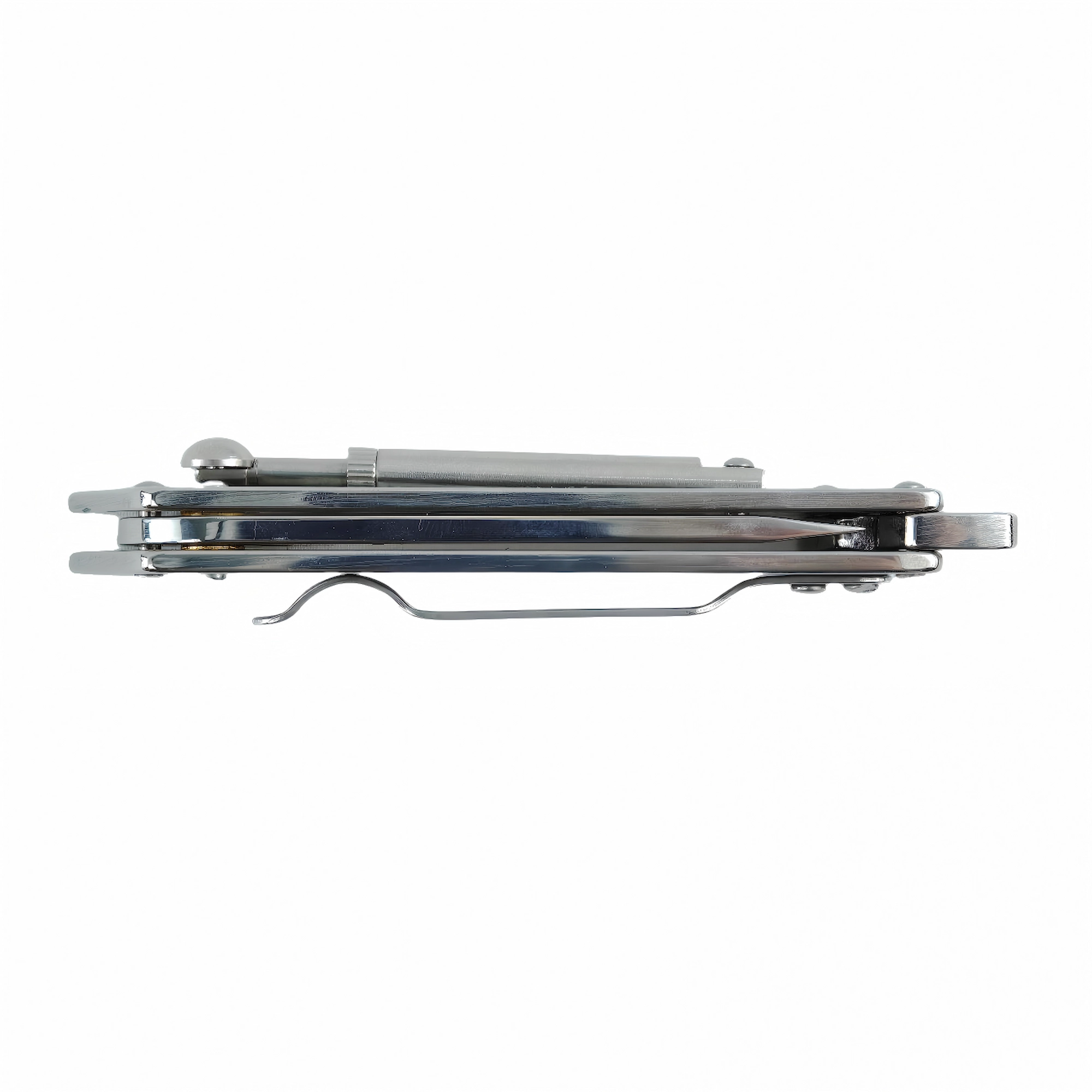 Internal view of closed stainless steel slide rail folding knife with pocket clip, isolated on white background. KL-OD-SS-016