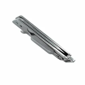 Spine perspective view of closed stainless steel slide rail folding knife, isolated on white background. KL-OD-SS-016