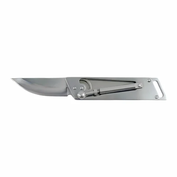 Full open view of stainless steel slide rail folding outdoor pocket knife, isolated on white background. KL-OD-SS-016