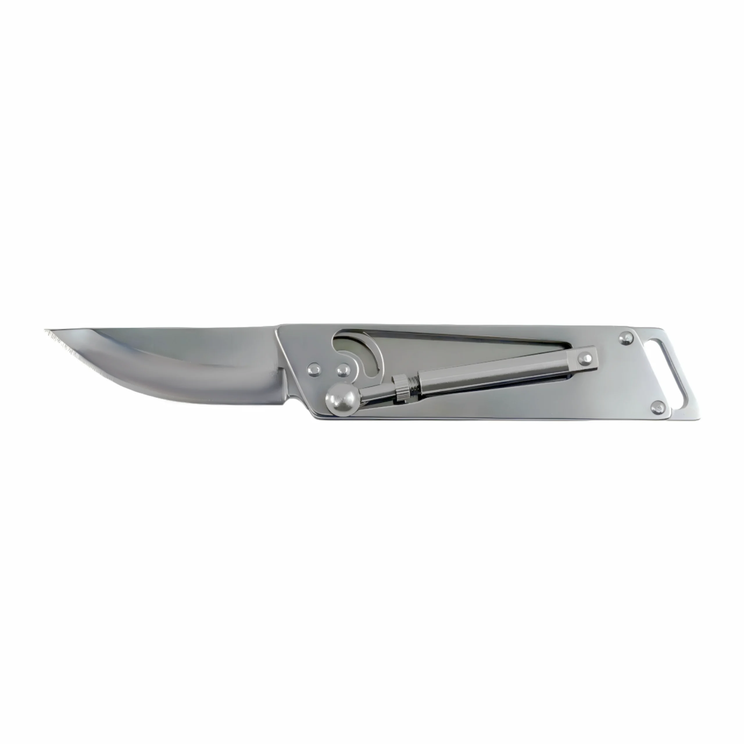 Full open view of stainless steel slide rail folding outdoor pocket knife, isolated on white background. KL-OD-SS-016
