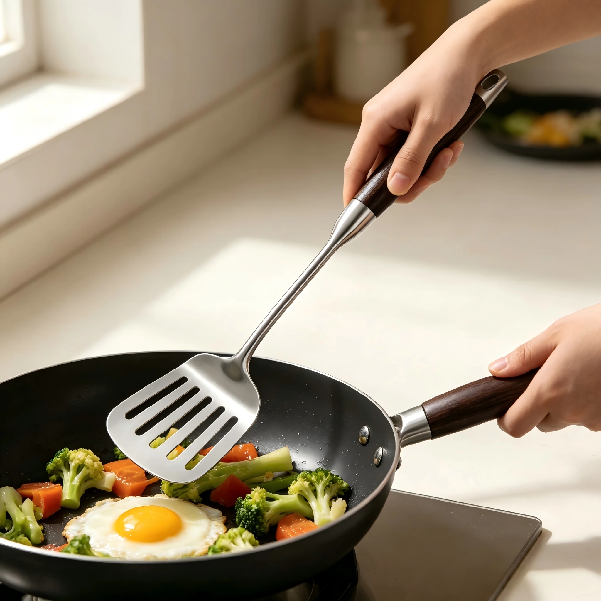 Stainless steel slotted spatula turning food in pan in kitchen environment KL-KA-GAD-026