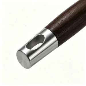 Close up view of the stainless steel hanging loop end cap on dark wood grain handle isolated on white background KL-KA-GAD-026