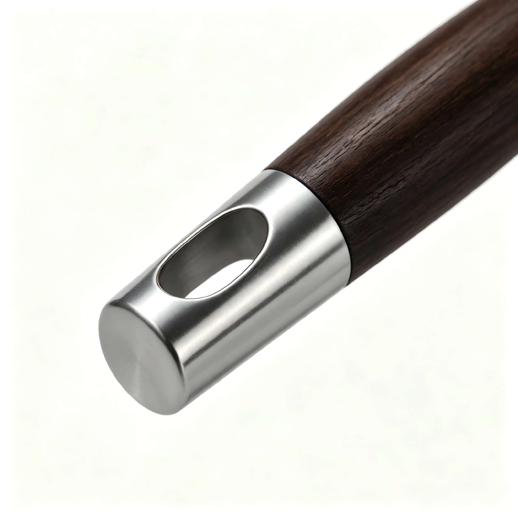 Close up view of the stainless steel hanging loop end cap on dark wood grain handle isolated on white background KL-KA-GAD-026