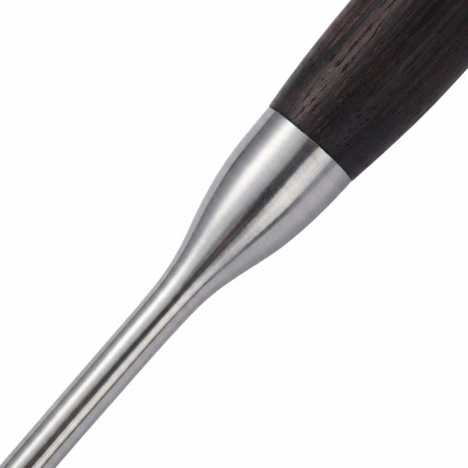 Close up view of the stainless steel bolster joint and dark wood grain handle isolated on white background KL-KA-GAD-026