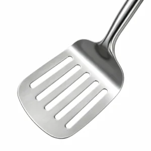 Close up view of the stainless steel slotted spatula blade head isolated on white background KL-KA-GAD-026