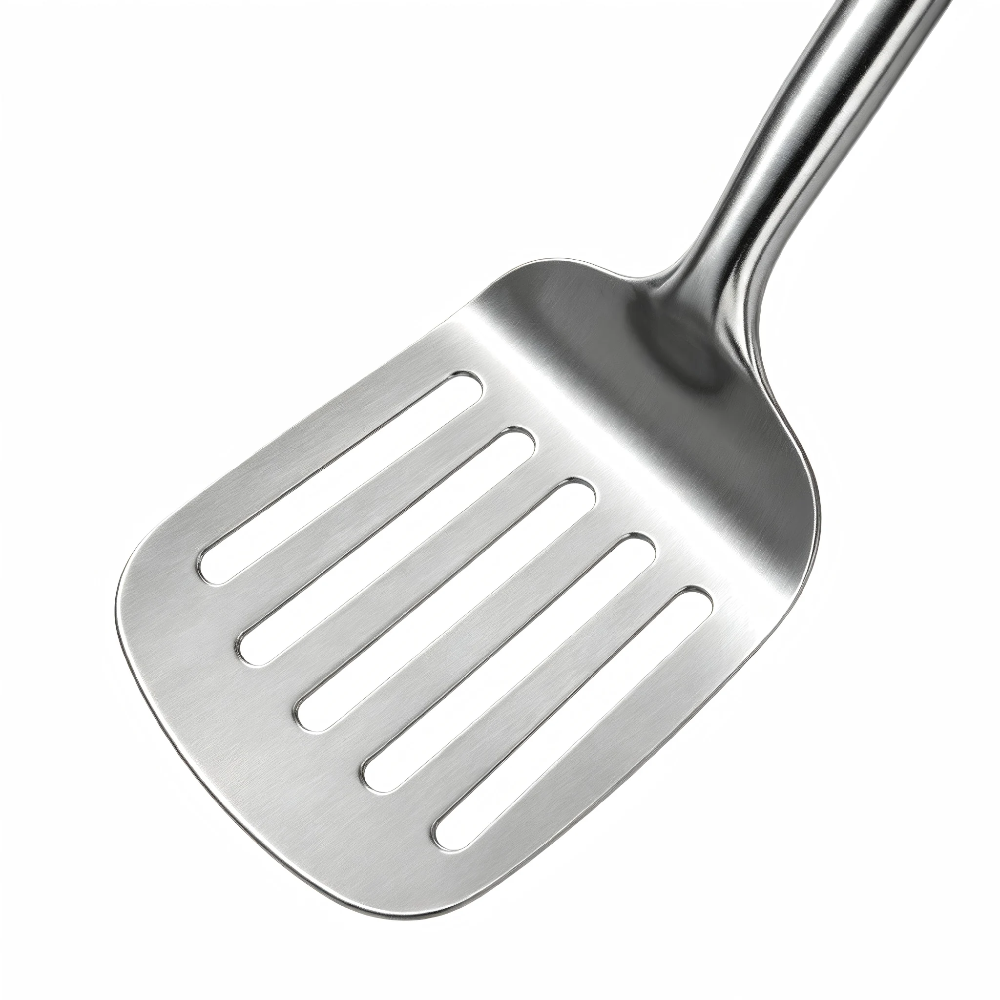 Close up view of the stainless steel slotted spatula blade head isolated on white background KL-KA-GAD-026