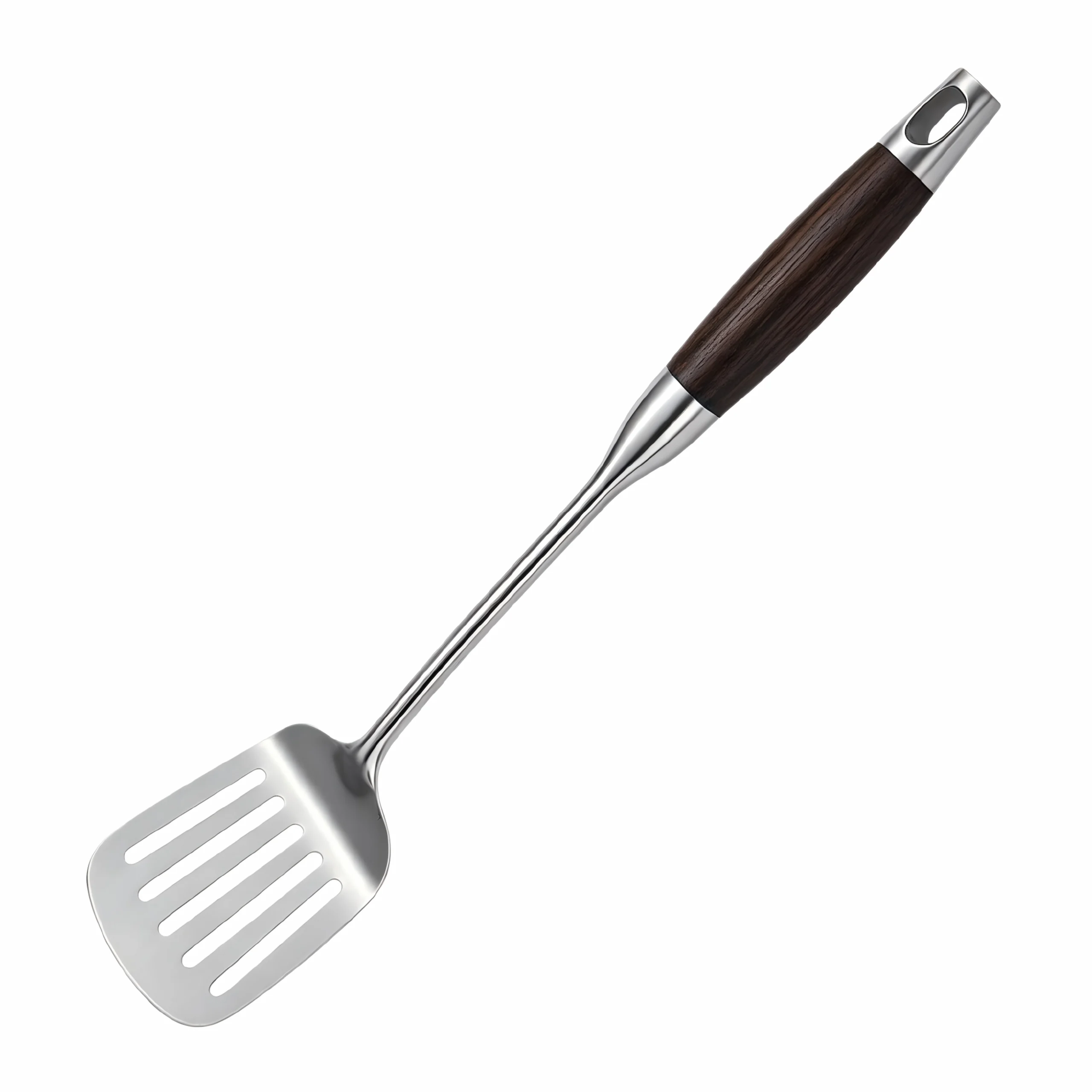 Stainless steel slotted spatula with dark wood grain composite handle isolated on white background KL-KA-GAD-026