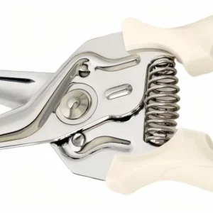 Detailed close-up of internal coil spring mechanism and locking pin on floral pruning shears, SKU KL-SC-SS-003.