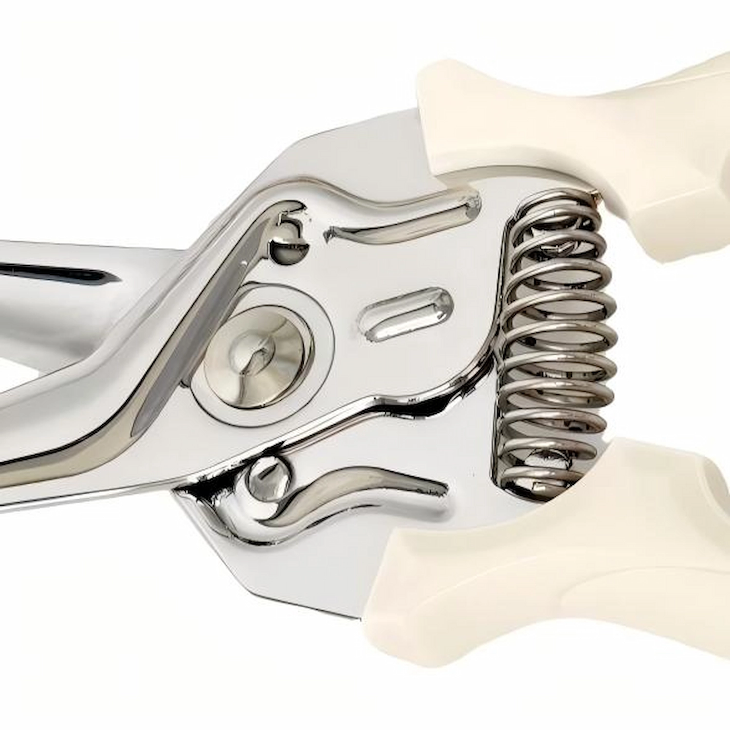 Detailed close-up of internal coil spring mechanism and locking pin on floral pruning shears, SKU KL-SC-SS-003.
