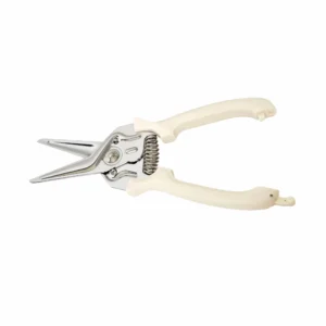 Spring-loaded floral pruning shears in fully opened position isolated on white background, SKU KL-SC-SS-003.