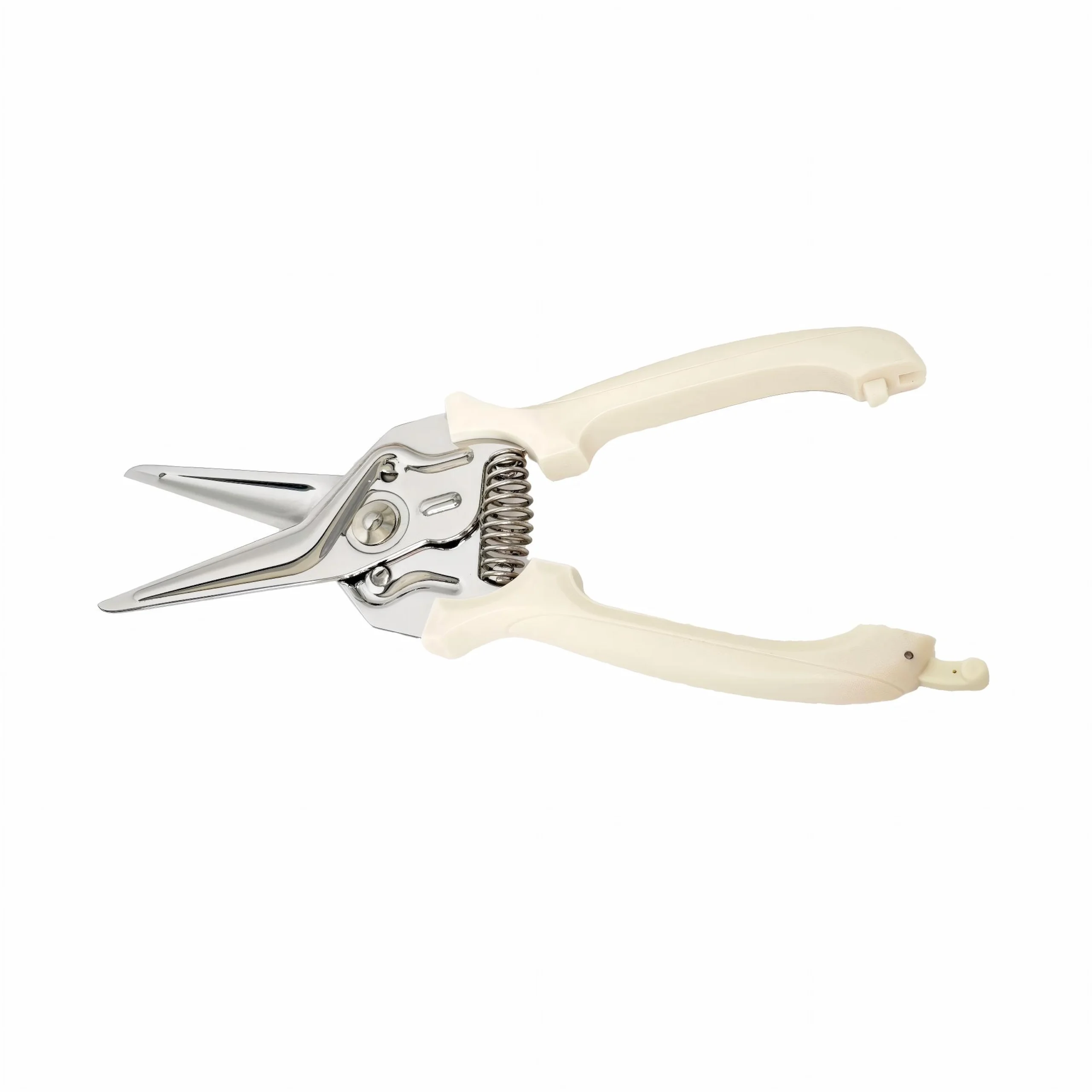 Spring-loaded floral pruning shears in fully opened position isolated on white background, SKU KL-SC-SS-003.