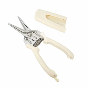 Spring-loaded floral pruning shears in open position next to matching protective sheath isolated on white background, SKU KL-SC-SS-003.