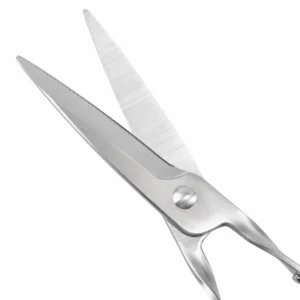 Close-up of opened stainless steel garden scissors blades with micro-serrations, isolated on white background. KL-SC-PR-002