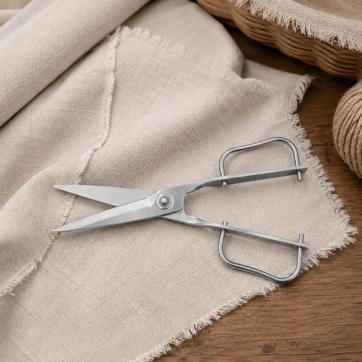Stainless steel garden scissors resting on linen fabric and a wooden table. KL-SC-PR-002-03