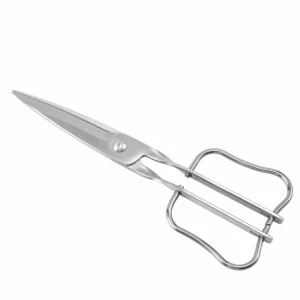Isometric view of closed stainless steel garden scissors with square loop handles, isolated on white background. KL-SC-PR-002