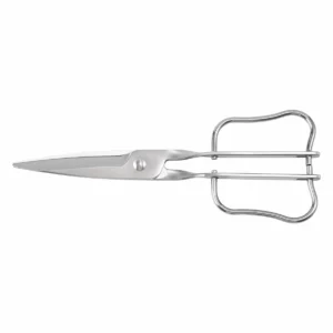 All-stainless steel garden scissors with square loop handles closed, isolated on white background. KL-SC-PR-002