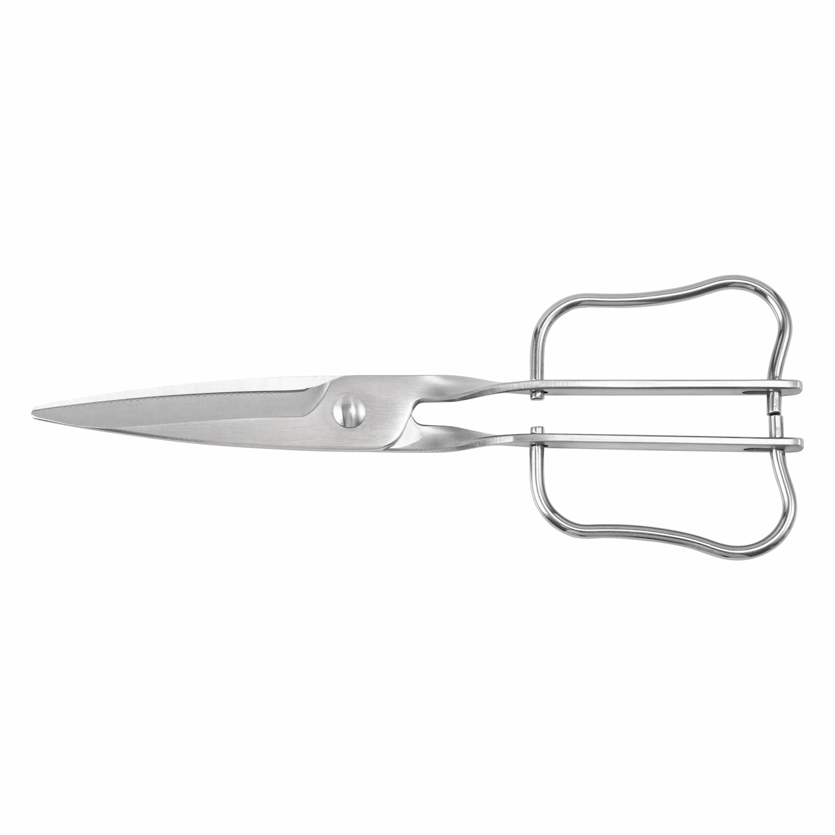 All-stainless steel garden scissors with square loop handles closed, isolated on white background. KL-SC-PR-002