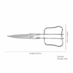 Infographic diagram of stainless steel garden scissors showing size and weight specs, isolated on white background. KL-SC-PR-002