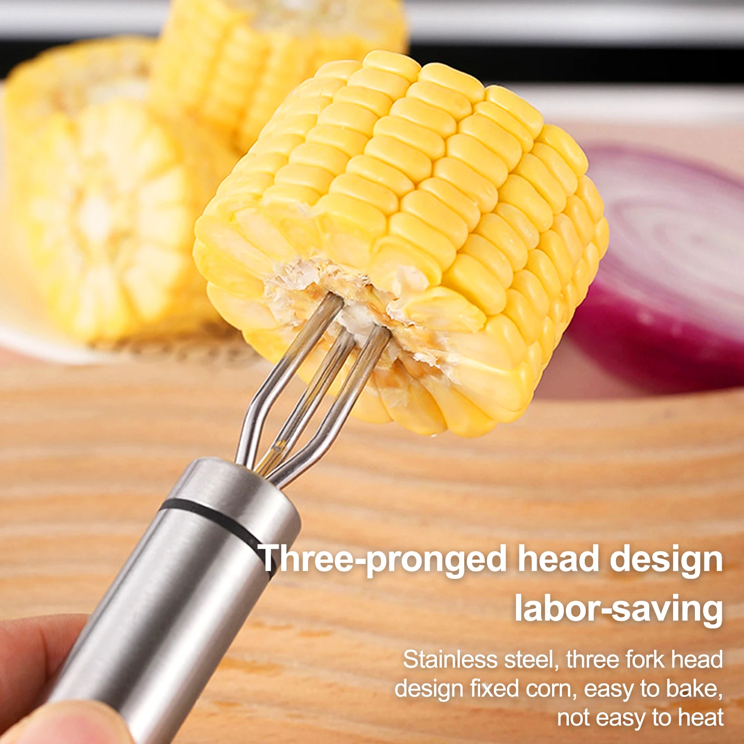 Stainless steel 3-prong BBQ fork head holding corn cob on wooden tabletop KL-KA-BBQ-001