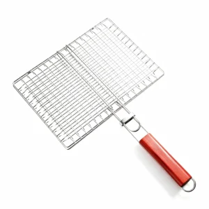 Stainless steel BBQ grill basket with rosewood handle isolated on white background KL-KA-BBQ-010