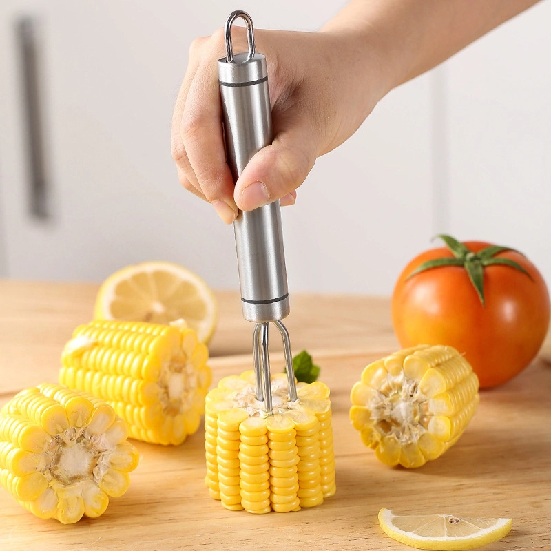 Stainless steel 4-prong BBQ fork in use on corn cob in kitchen environment KL-KA-BBQ-001