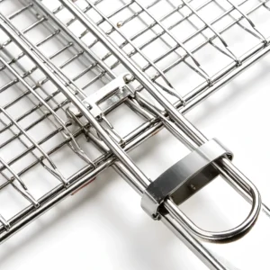 Close up of the double layer flip lock mechanism on a stainless steel BBQ grill basket isolated on white background KL-KA-BBQ-010
