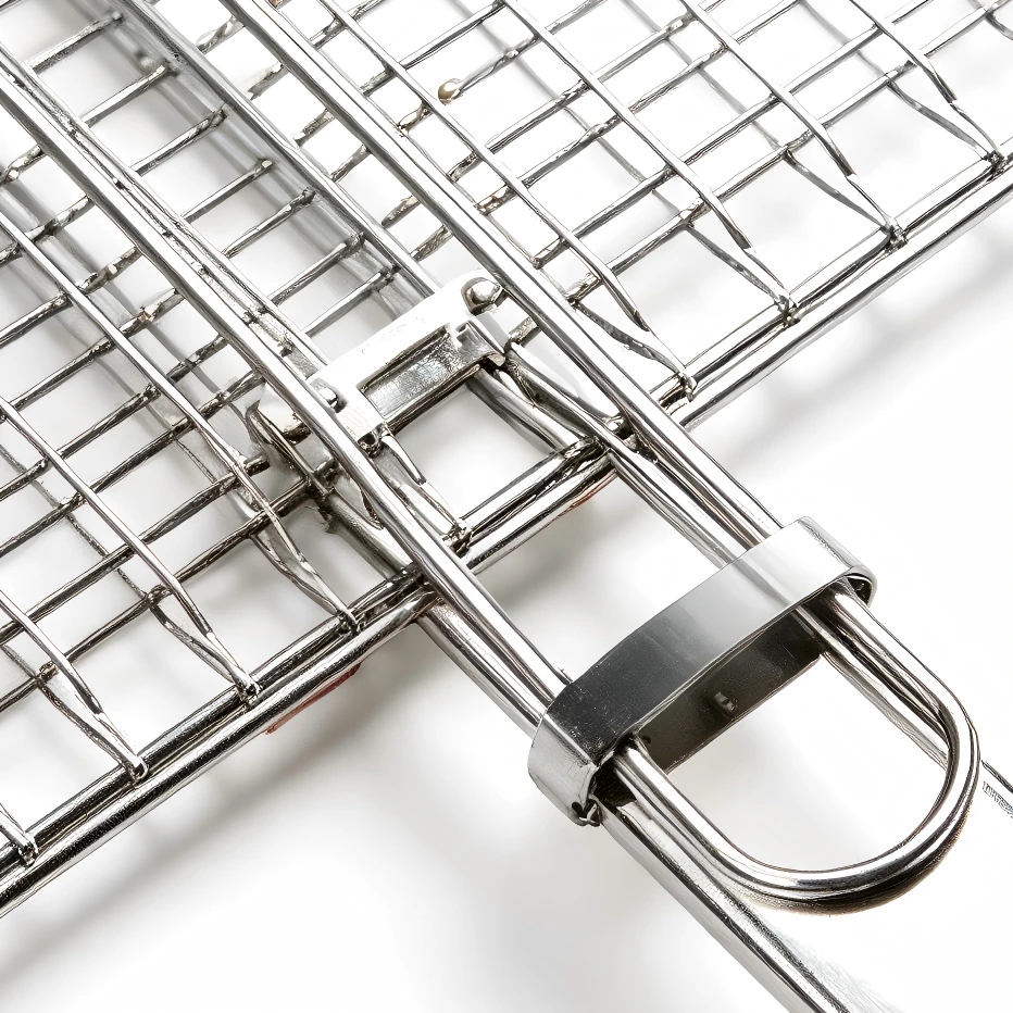 Close up of the double layer flip lock mechanism on a stainless steel BBQ grill basket isolated on white background KL-KA-BBQ-010